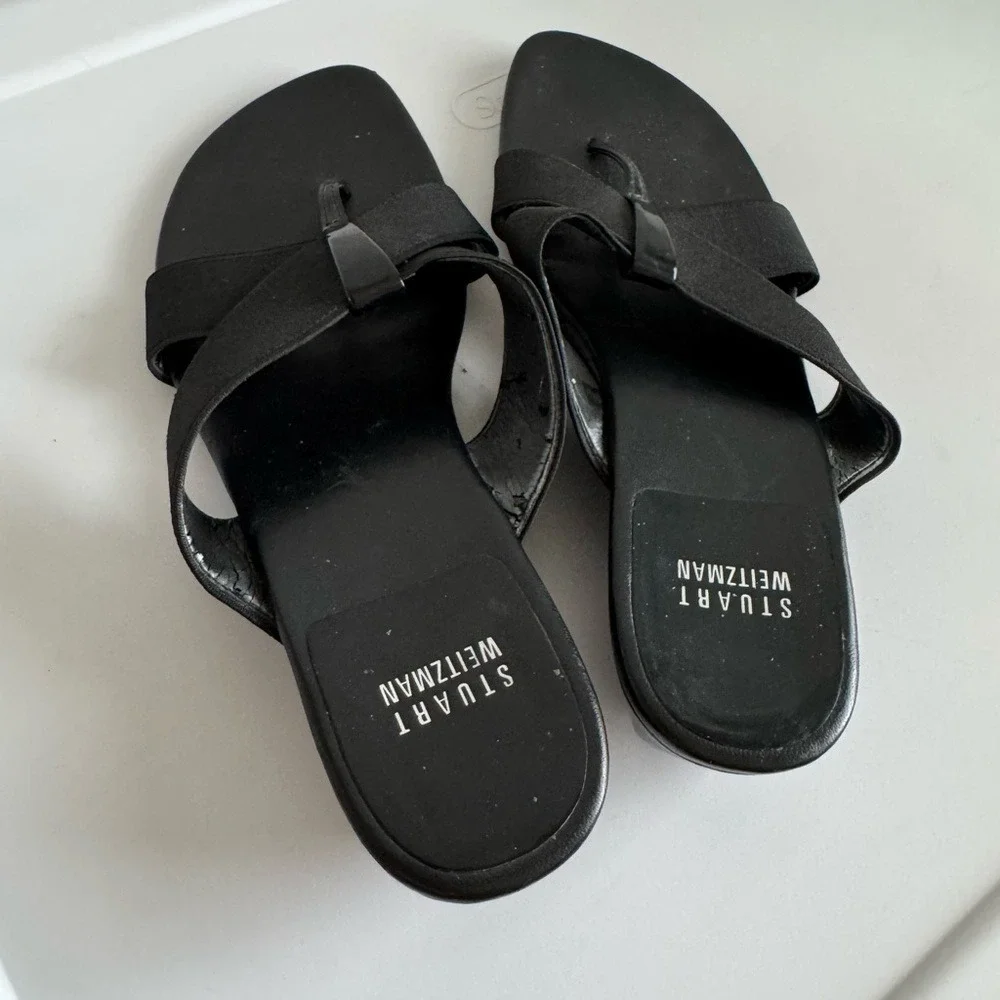 Stuart Weitzman Patent‎ Leather Elastic Wedge Sandals Size 7 W Box Ret $285